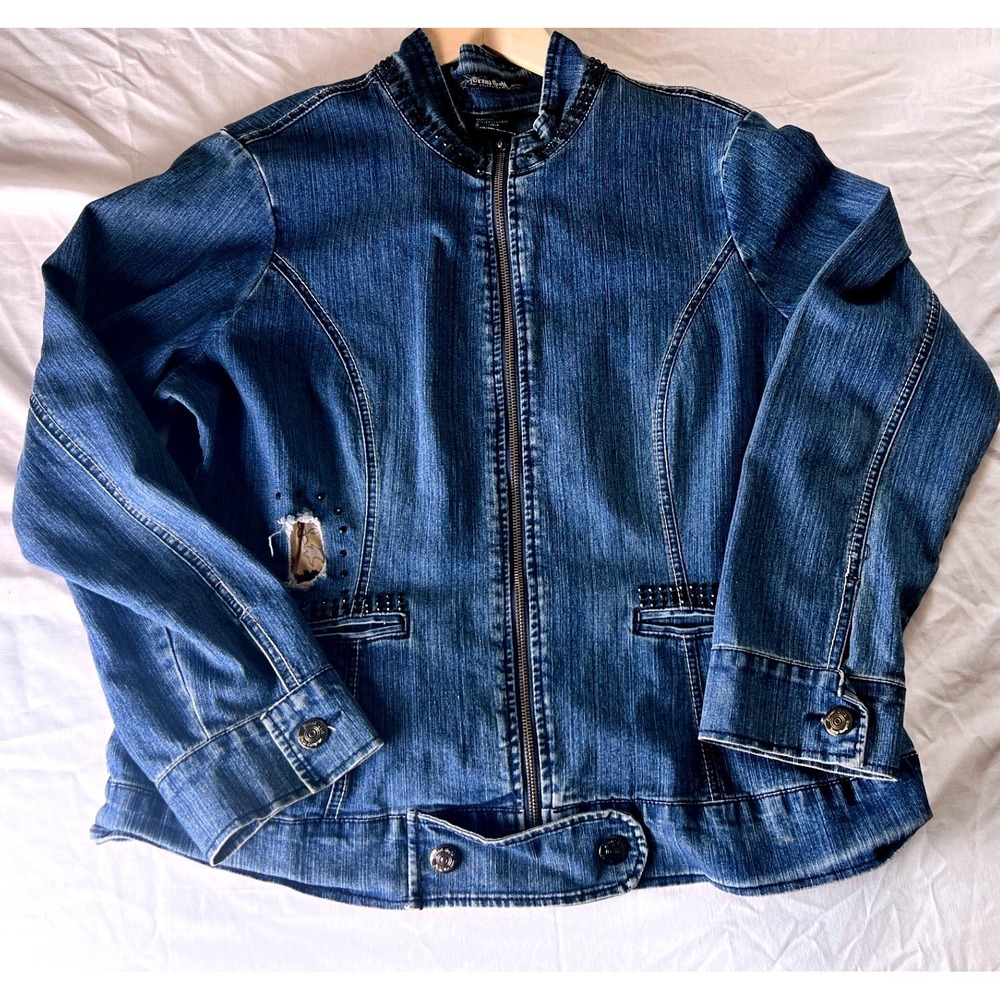 Drama Gold Denim Jacket Women 1X Blue Great Studded Distressed Zip Up CT30130X